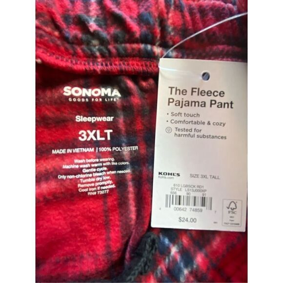 SONOMA MEN’S 3XLT Big and Tall Goods For Life Microfleece Sleep Pants in Red Pla - Picture 3 of 6